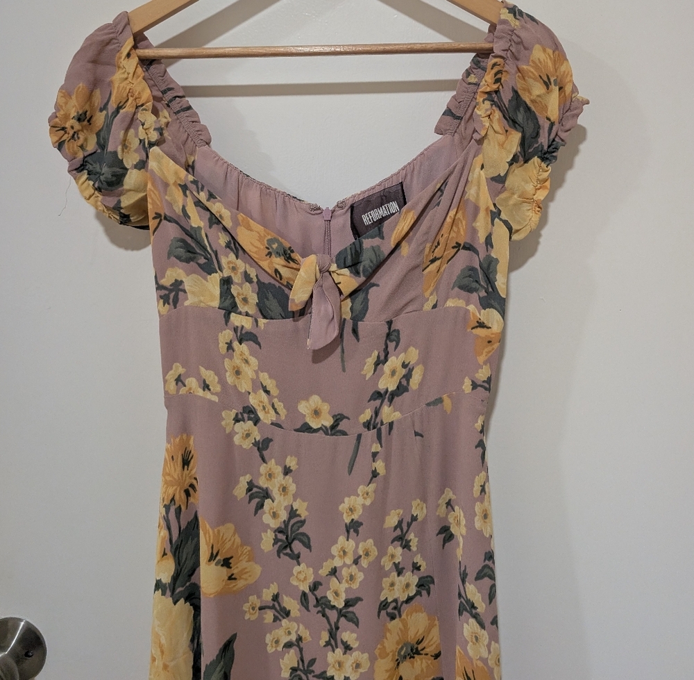 Reformation Pink Off-Shoulder Midi Dress with Yellow Floral Print - Picture 4 of 16